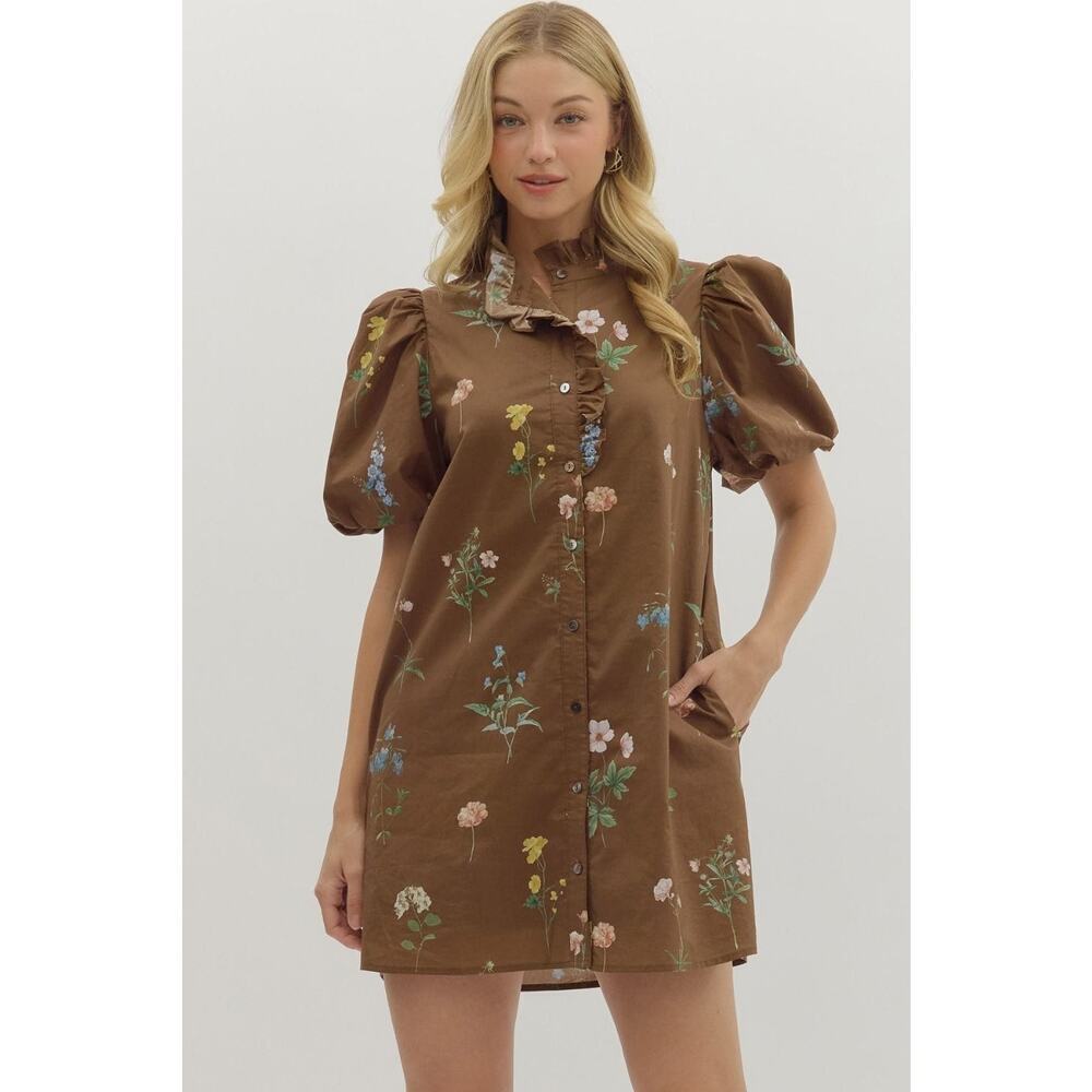 ENTRO Meadow Frolic Floral Puff Sleeve Mini Dress Size L NWT